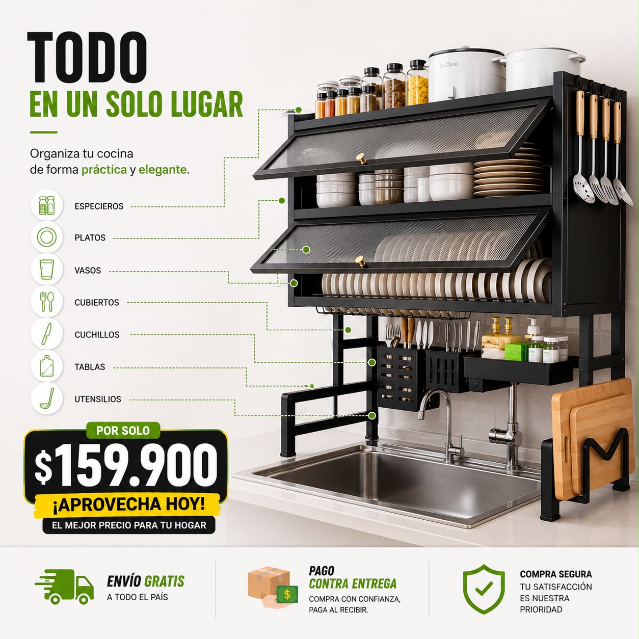 Escurridor Organizador Doble Cajón Black Edition